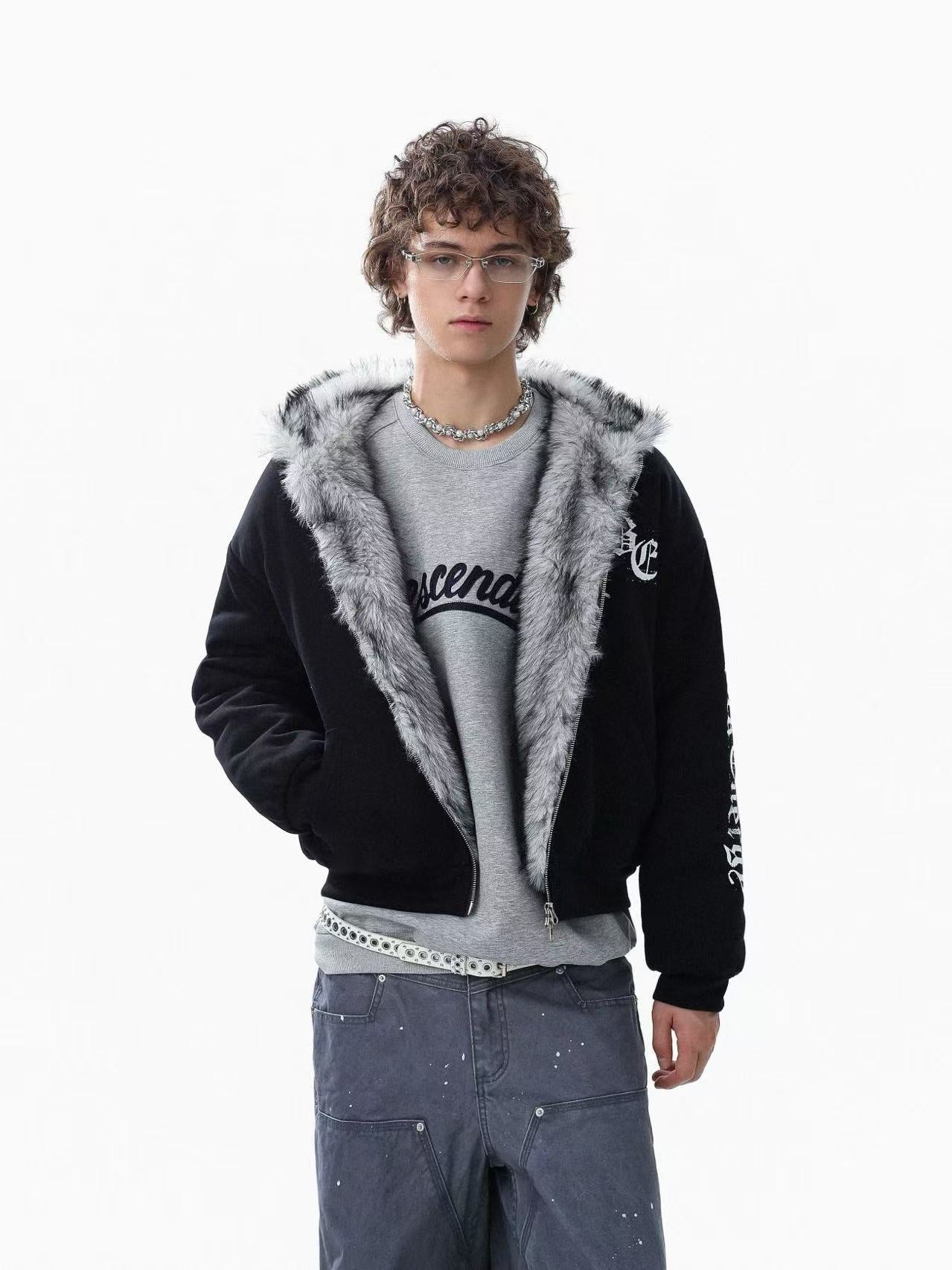 Letter-Print Plush Hooded Jacket