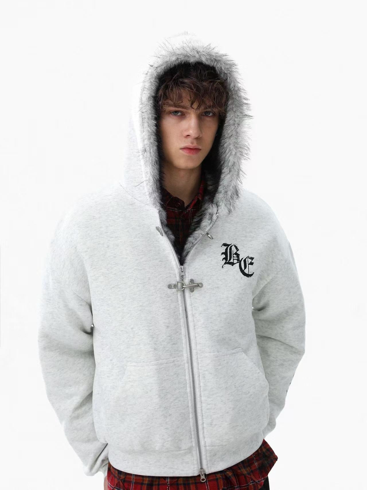 Letter-Print Plush Hooded Jacket
