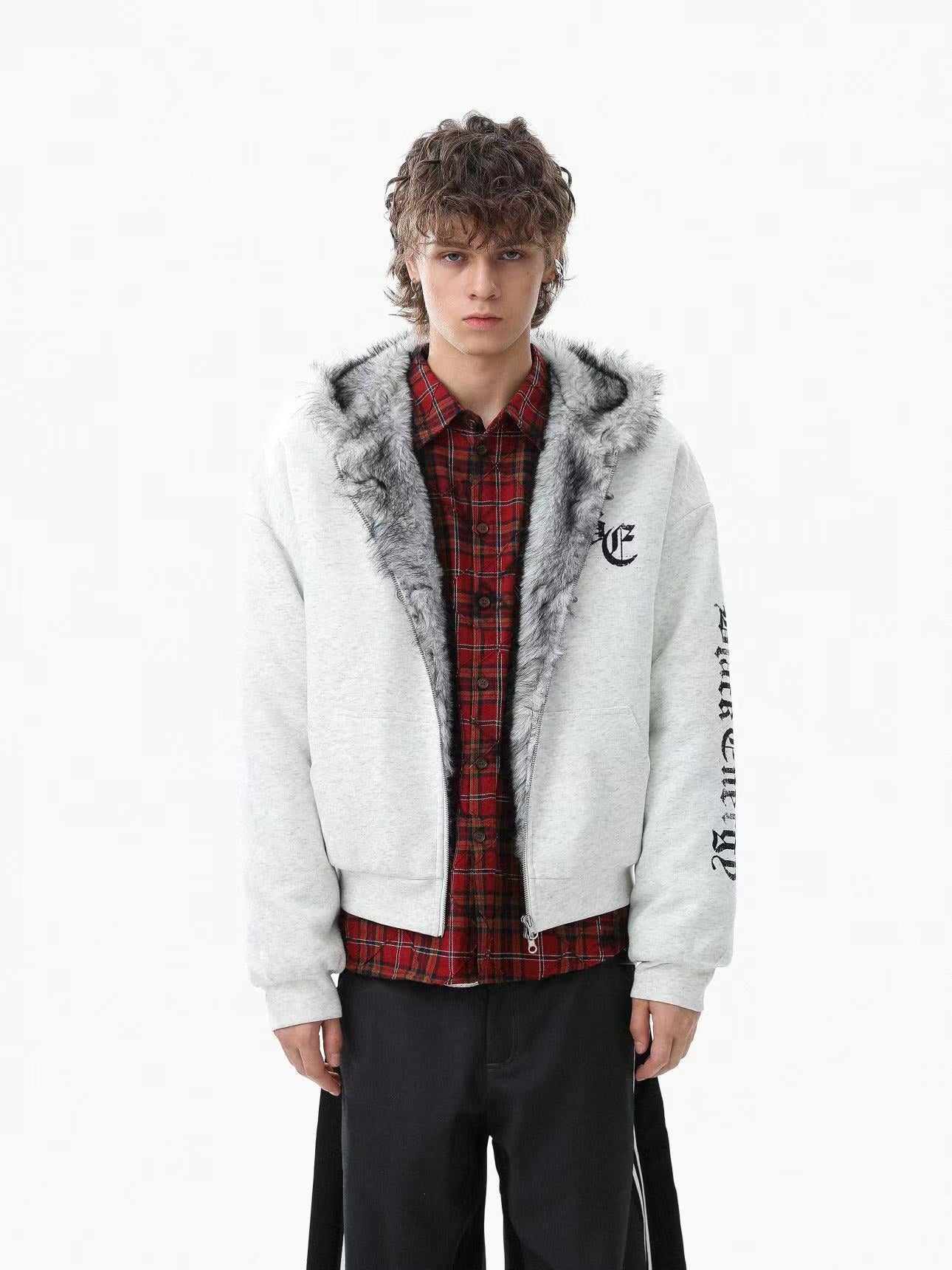 Letter-Print Plush Hooded Jacket