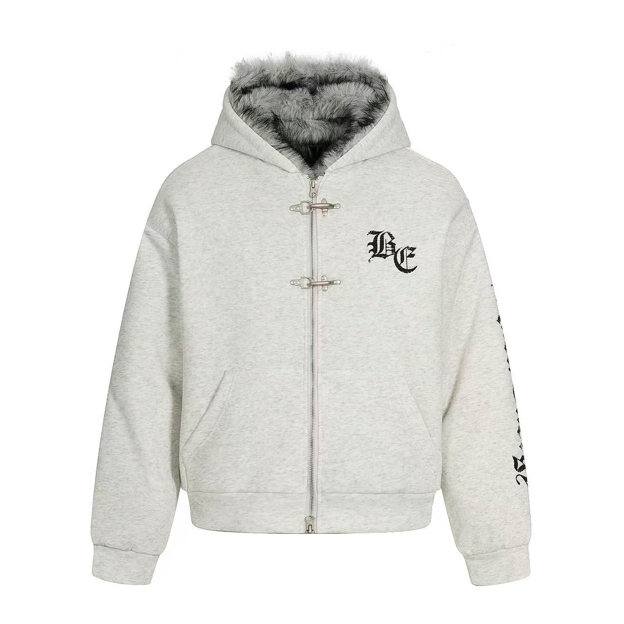 Letter-Print Plush Hooded Jacket