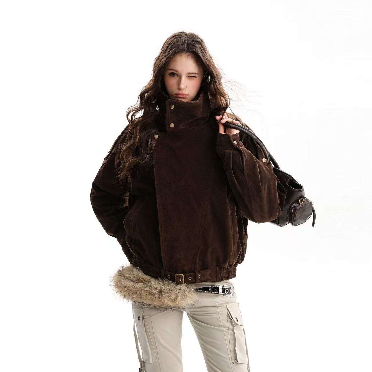 Vintage Street-Style Suede Stand-Collar Jacket