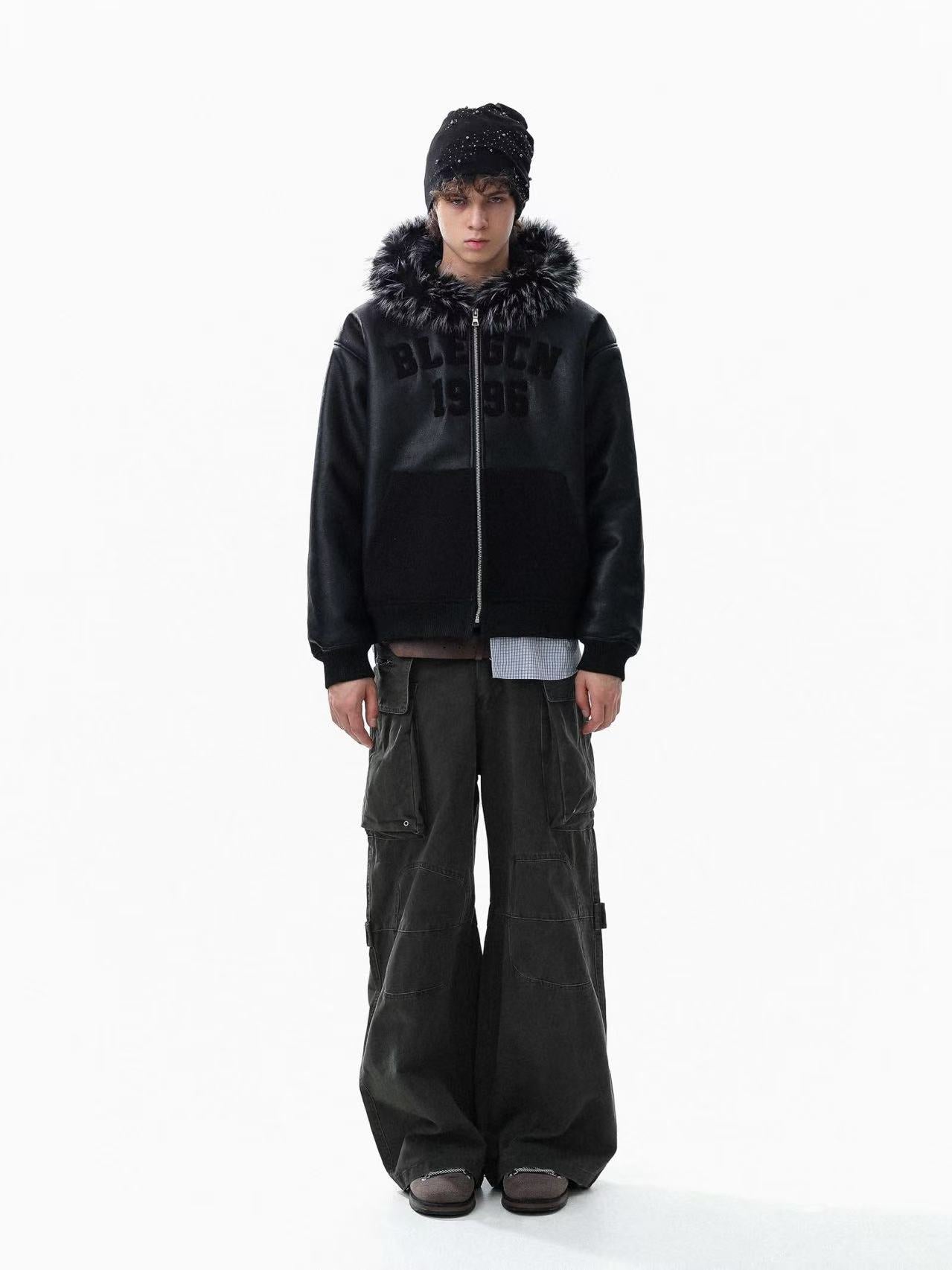 Vintage Street-Style PU Leather  Faux-Fur Collar Jacket