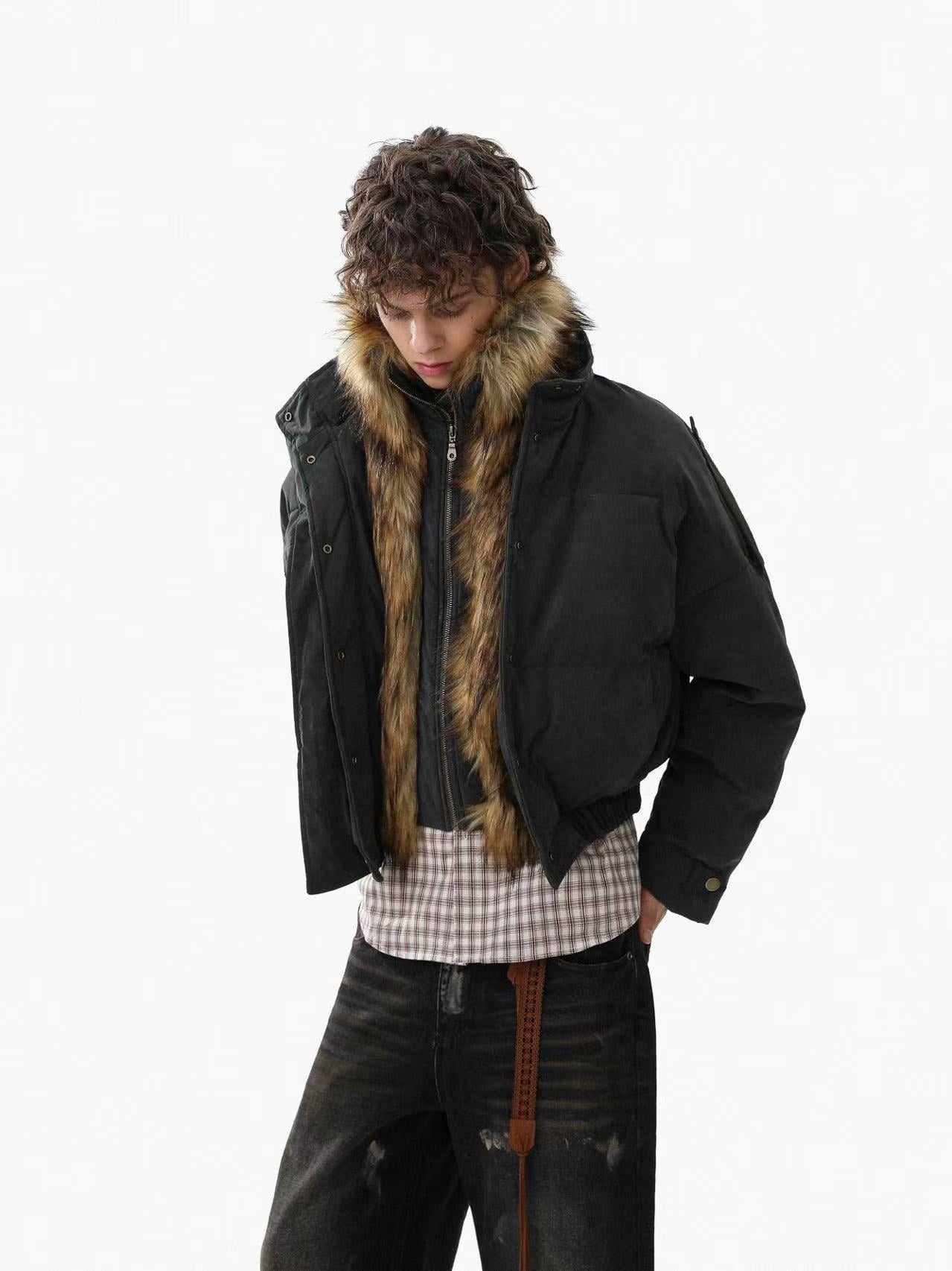 Faux-Fur Collar Work Jacket With Mock-Layer Design