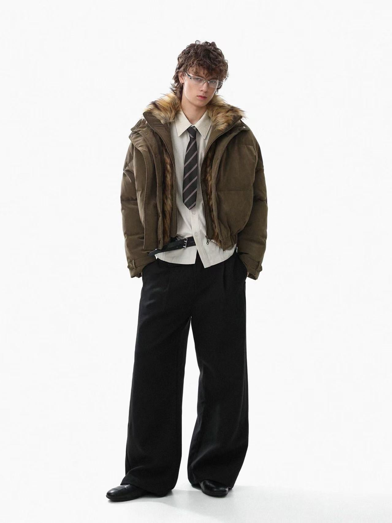 Faux-Fur Collar Work Jacket With Mock-Layer Design