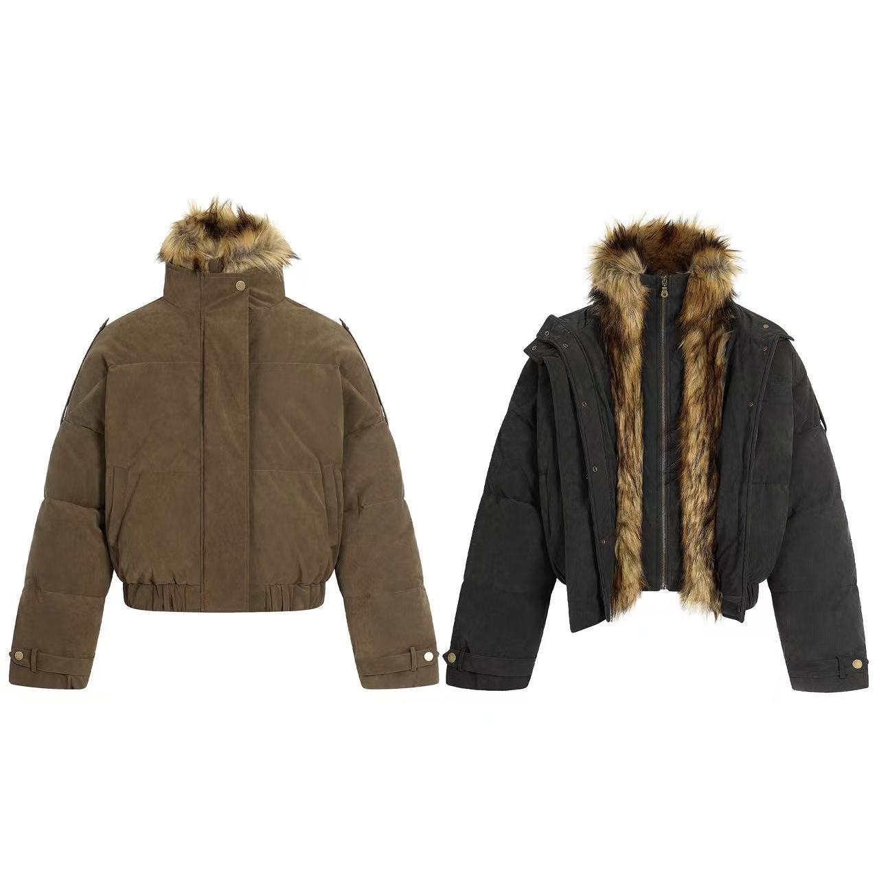 Faux-Fur Collar Work Jacket With Mock-Layer Design