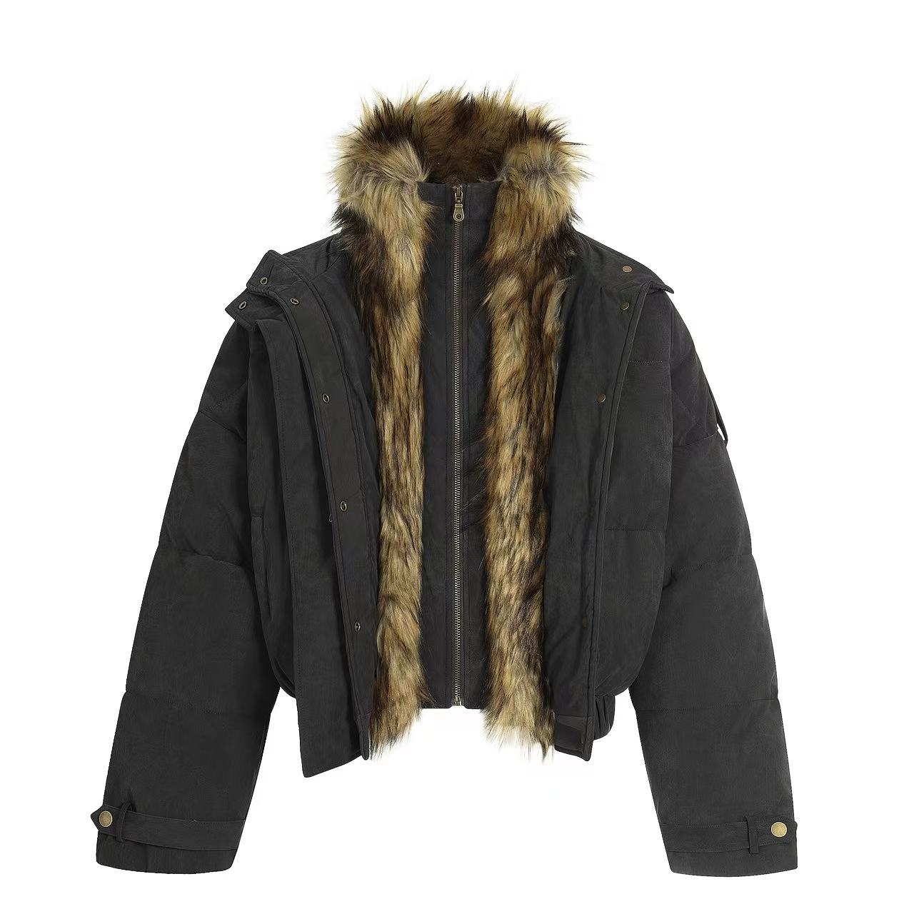 Faux-Fur Collar Work Jacket With Mock-Layer Design