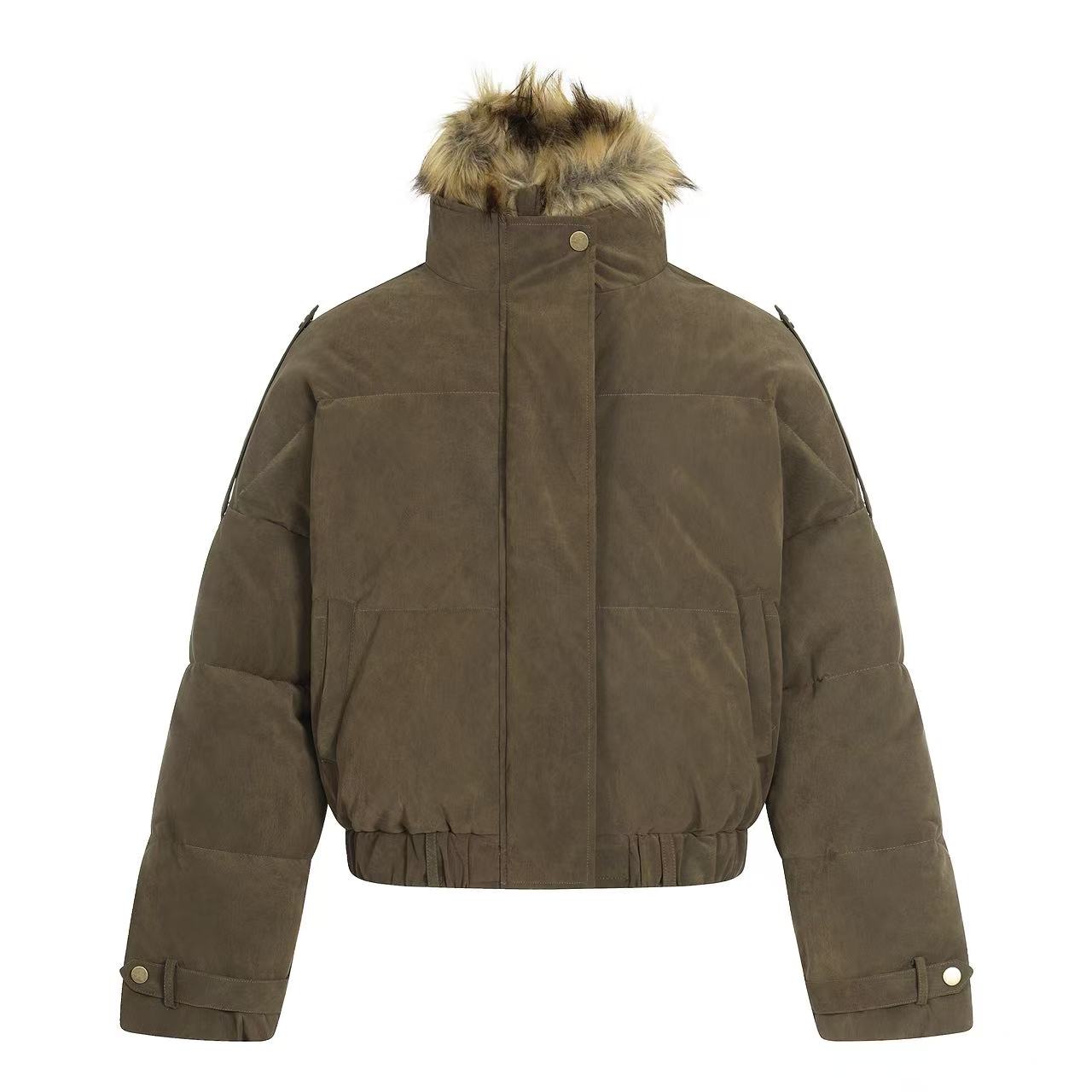 Faux-Fur Collar Work Jacket With Mock-Layer Design