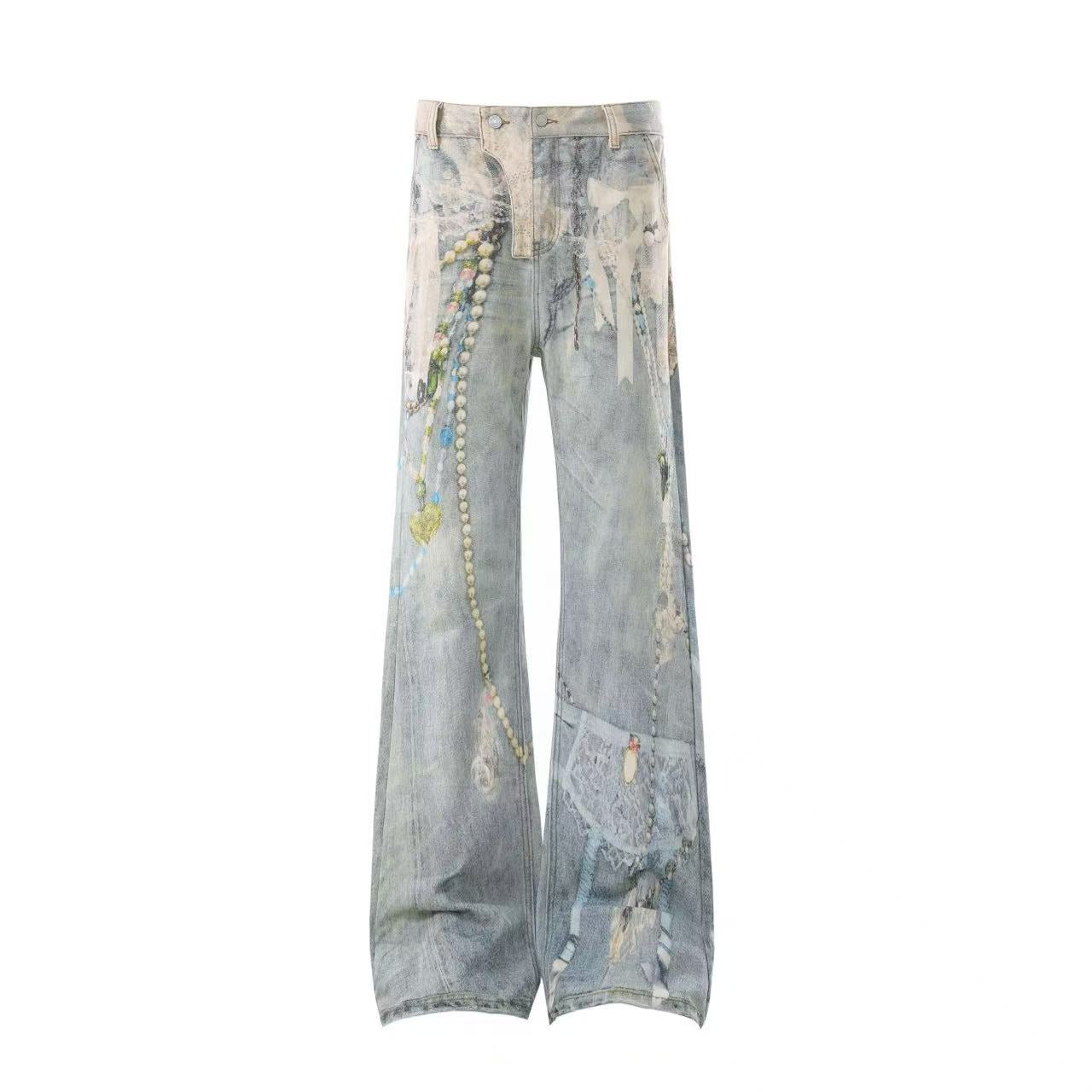 Street-Style 3D-Print Graffiti Straight-Leg Jeans