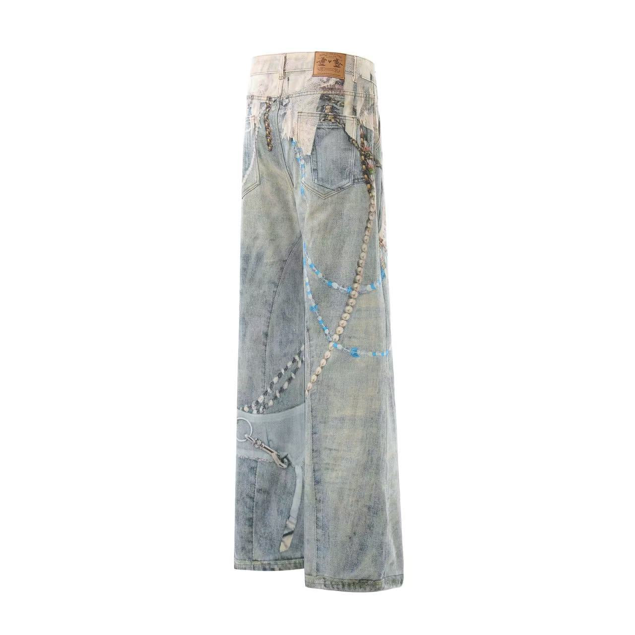 Street-Style 3D-Print Graffiti Straight-Leg Jeans