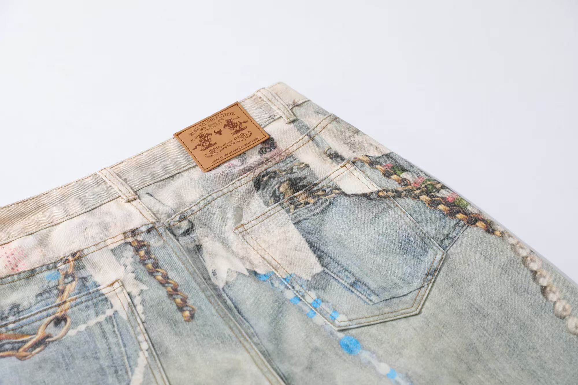 Street-Style 3D-Print Graffiti Straight-Leg Jeans