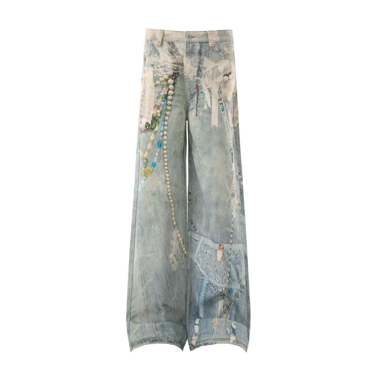 Street-Style 3D-Print Graffiti Wide-Leg Jeans