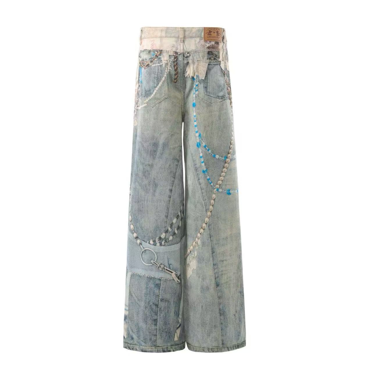 Street-Style 3D-Print Graffiti Wide-Leg Jeans