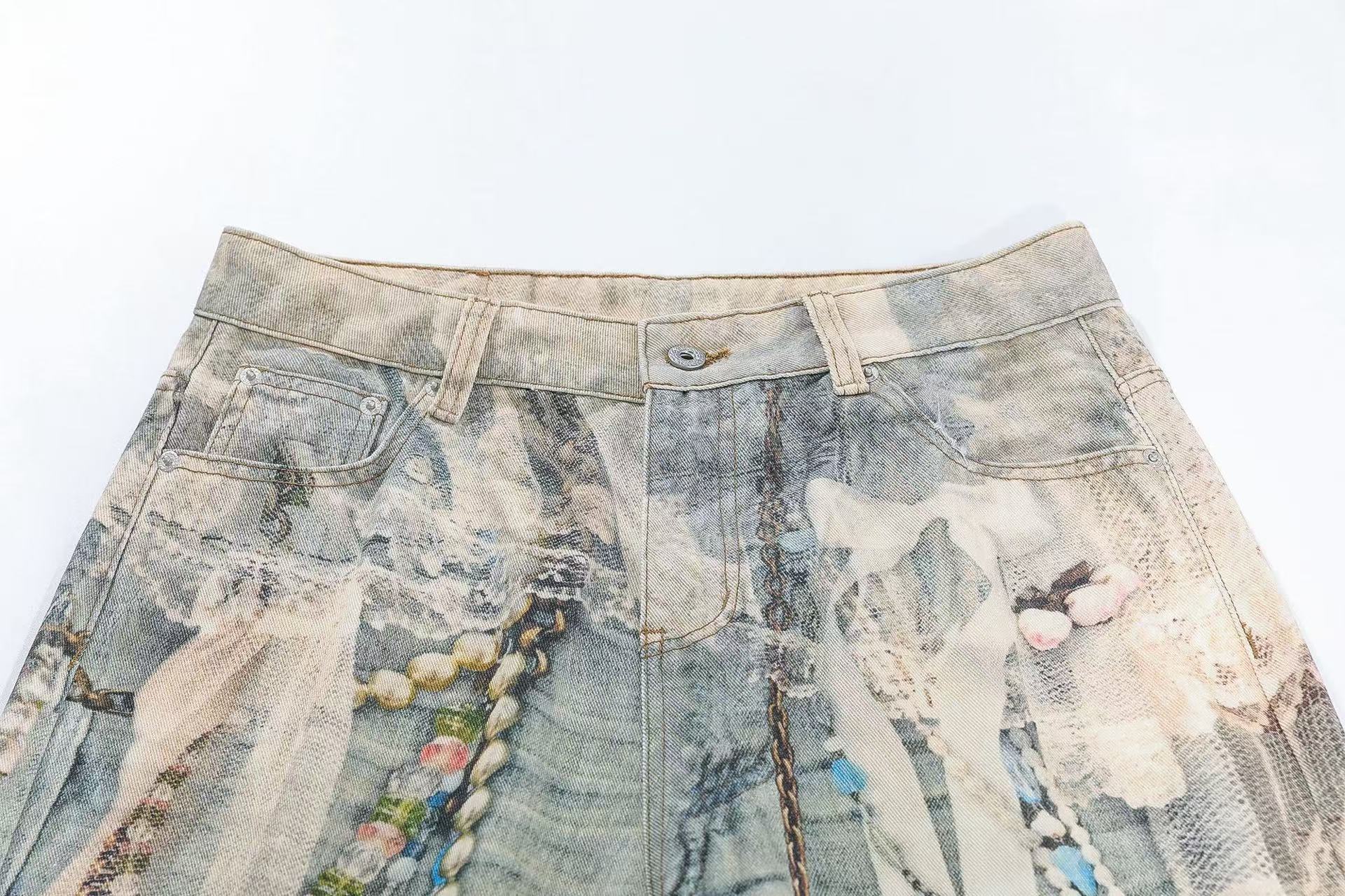 Street-Style 3D-Print Graffiti Wide-Leg Jeans