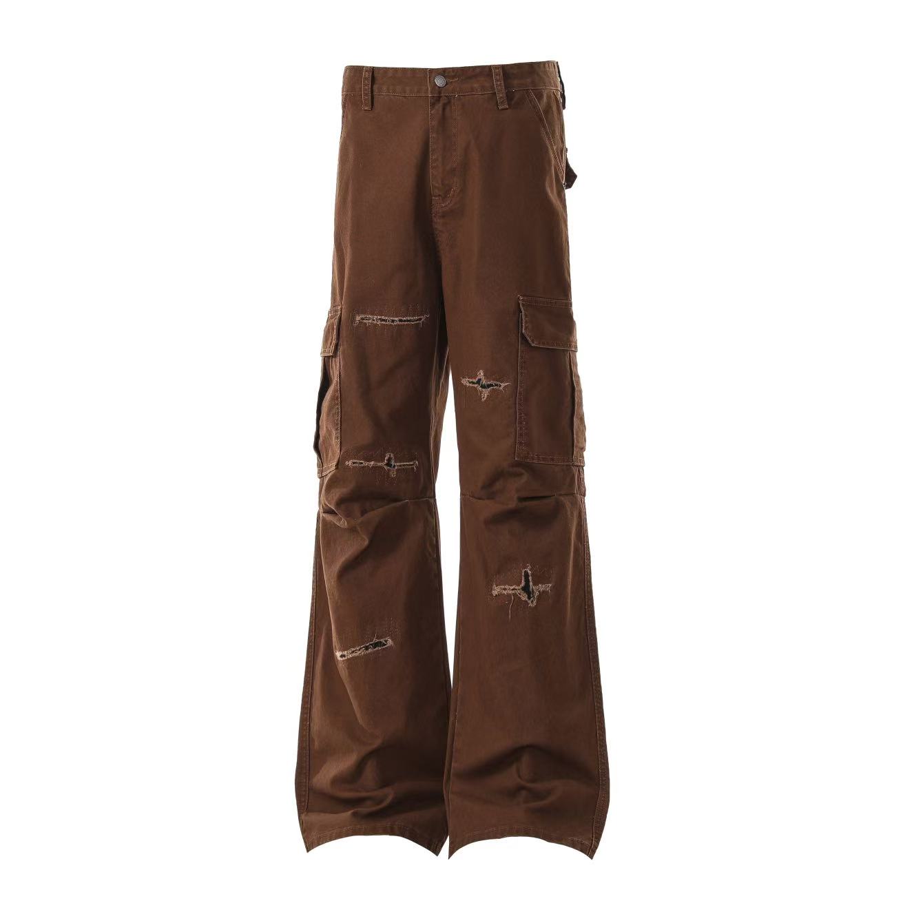 Multi-Pocket Distressed Wide-Leg Cargo Pants