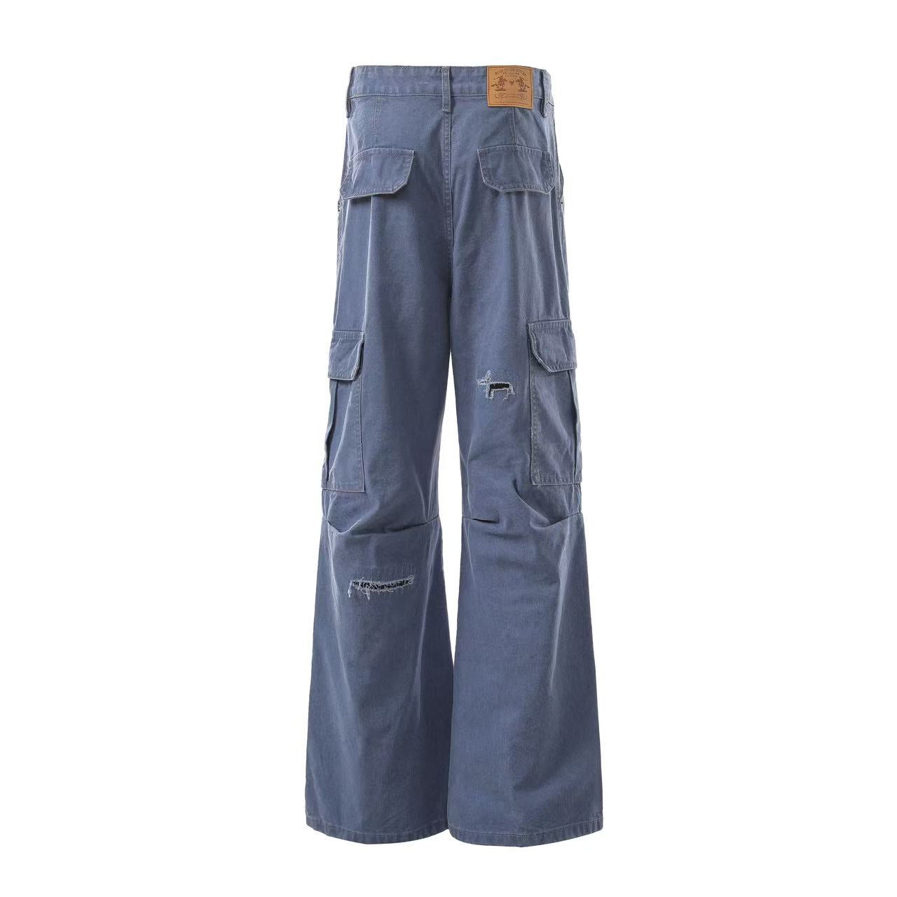 Multi-Pocket Distressed Wide-Leg Cargo Pants