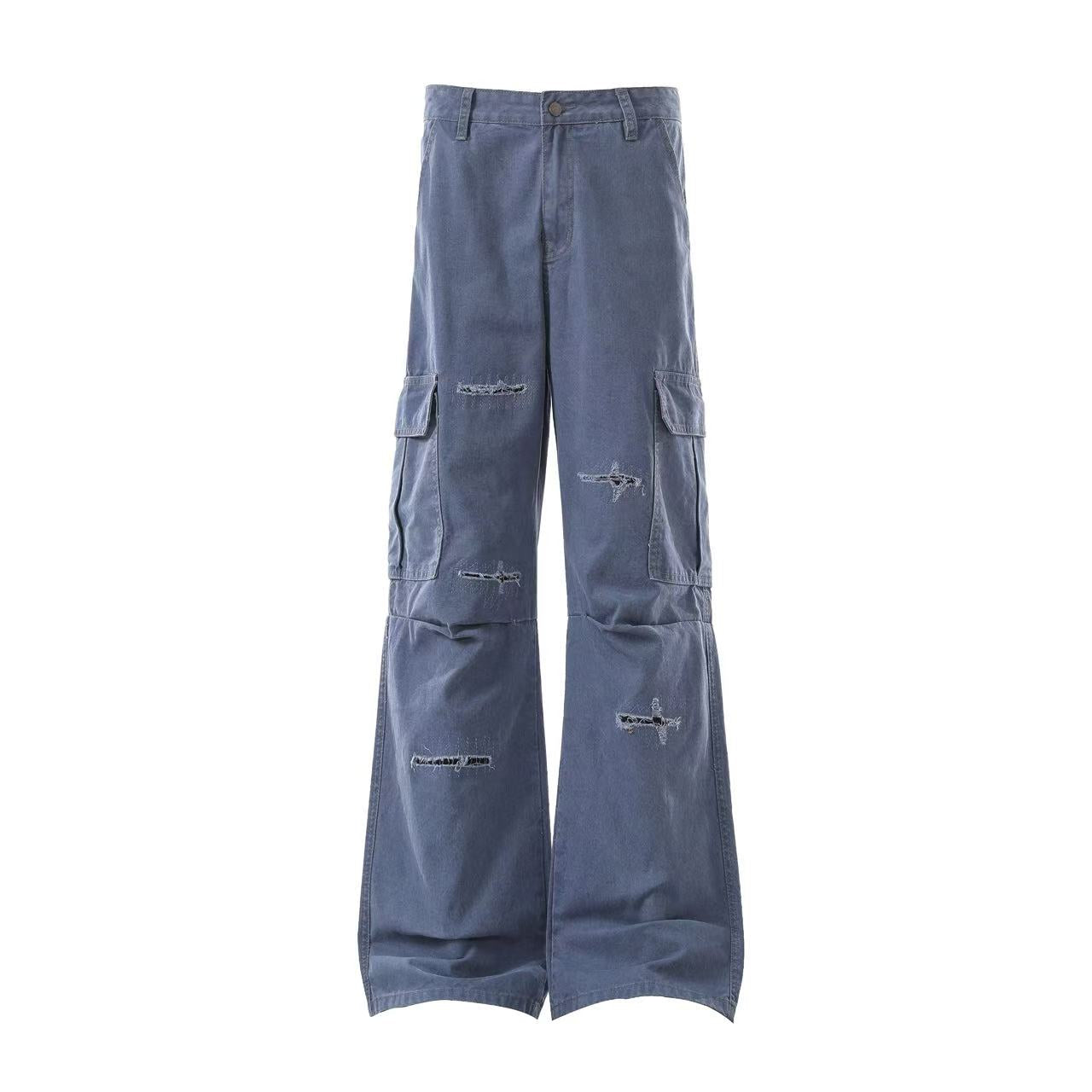 Multi-Pocket Distressed Wide-Leg Cargo Pants