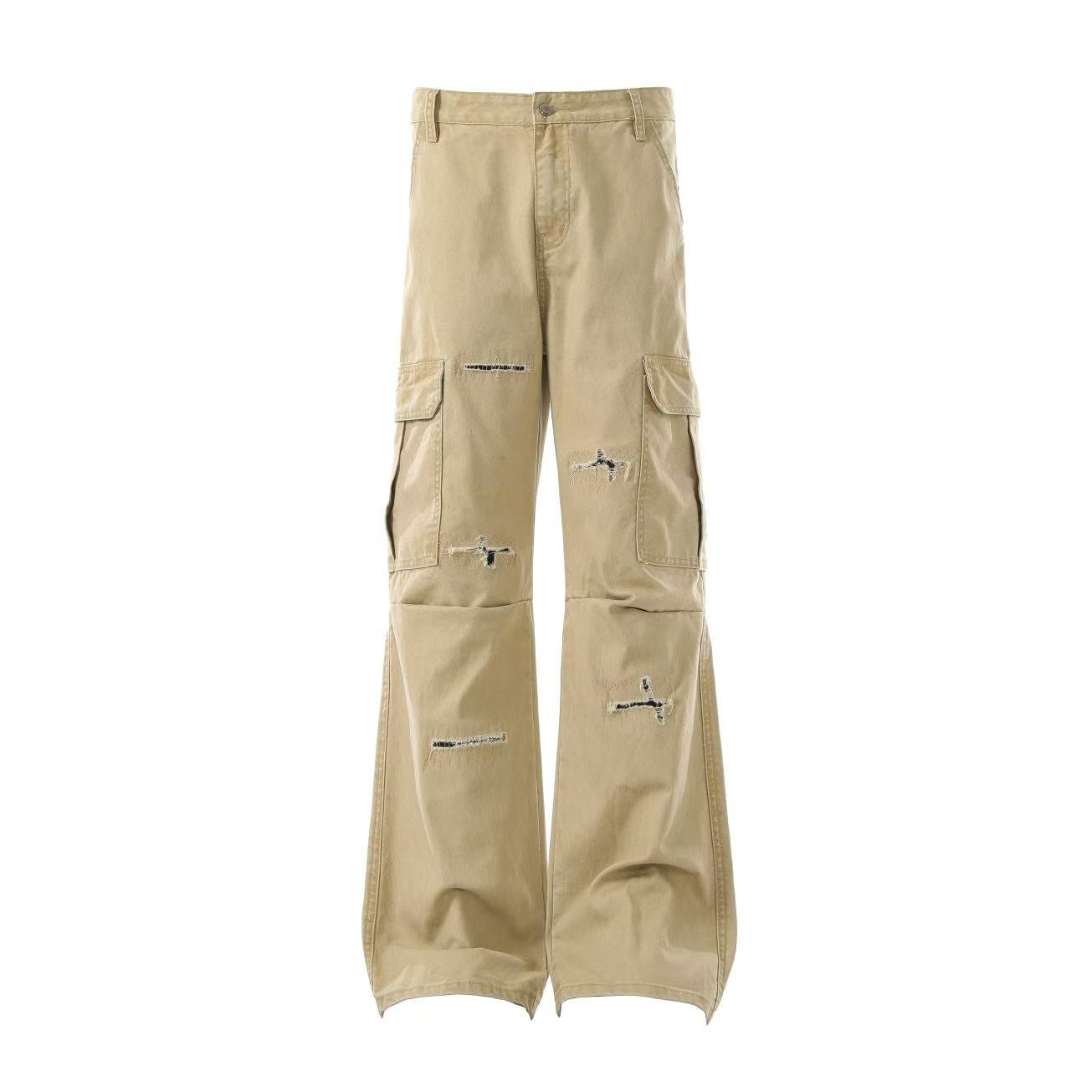 Multi-Pocket Distressed Wide-Leg Cargo Pants