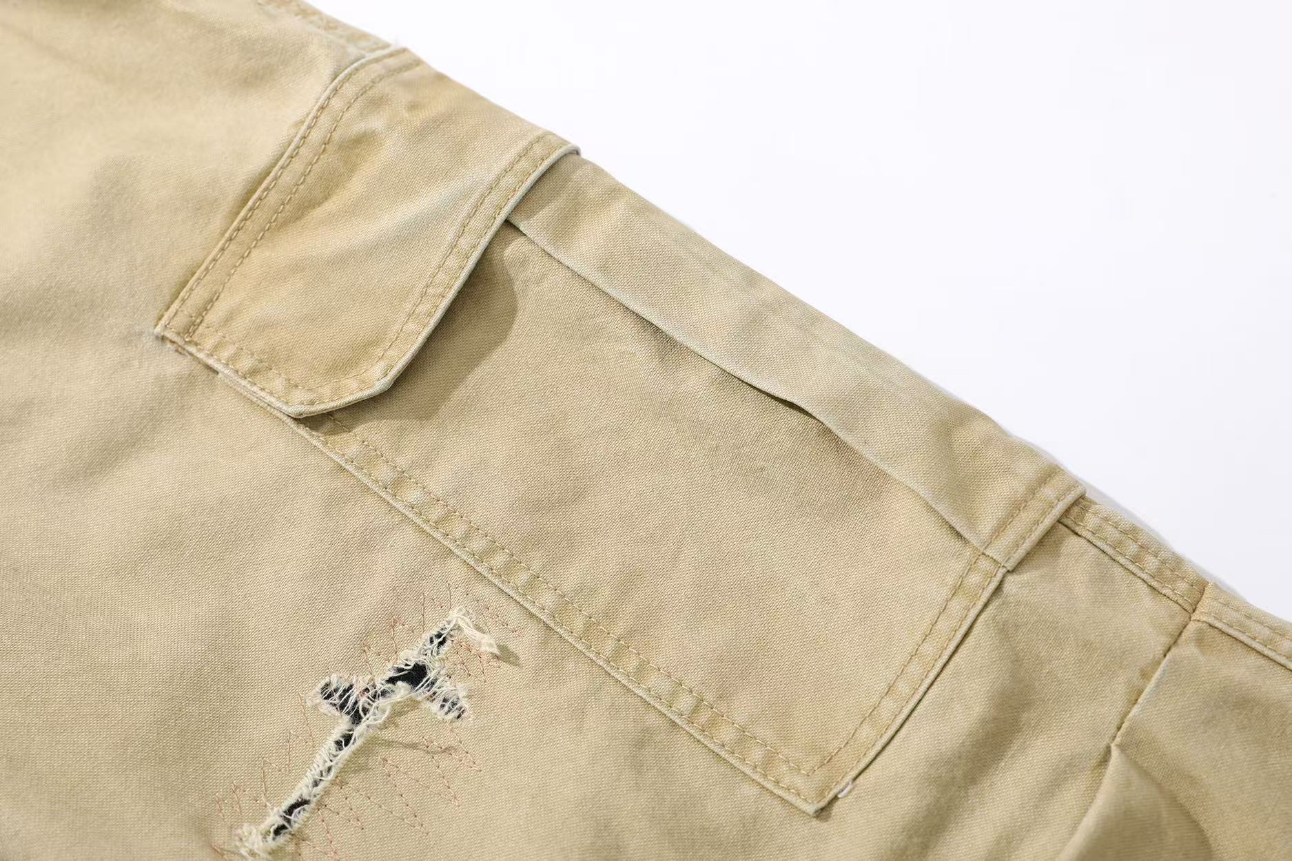 Multi-Pocket Distressed Wide-Leg Cargo Pants