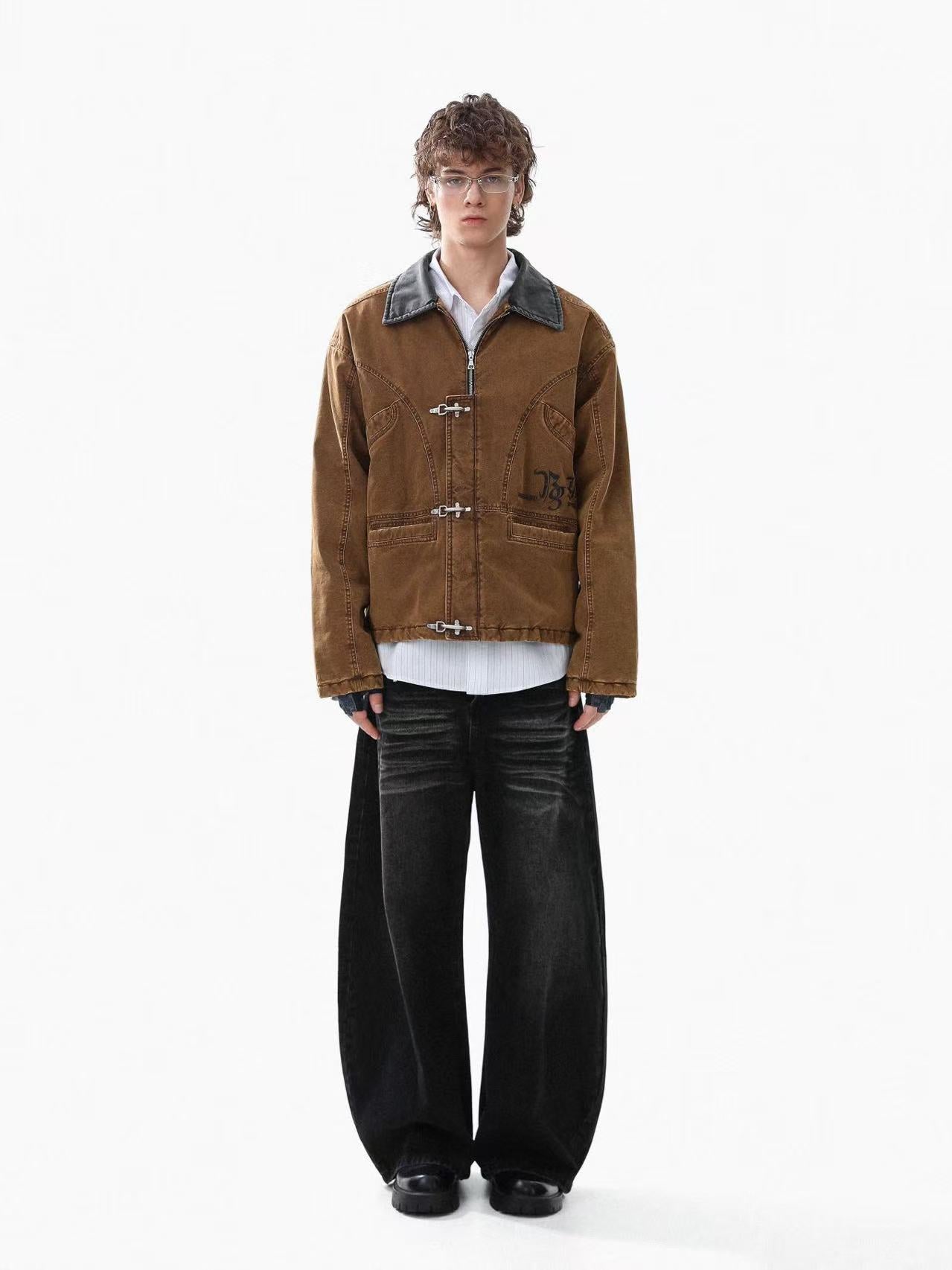 Knight-Print Color-Block Lapel Padded Jacket