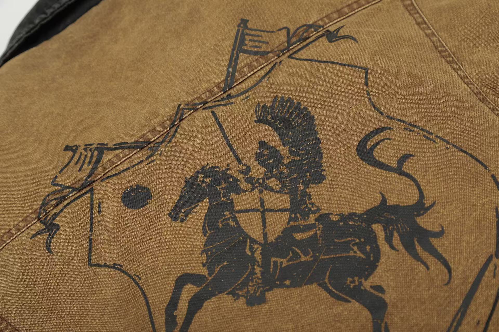 Knight-Print Color-Block Lapel Padded Jacket