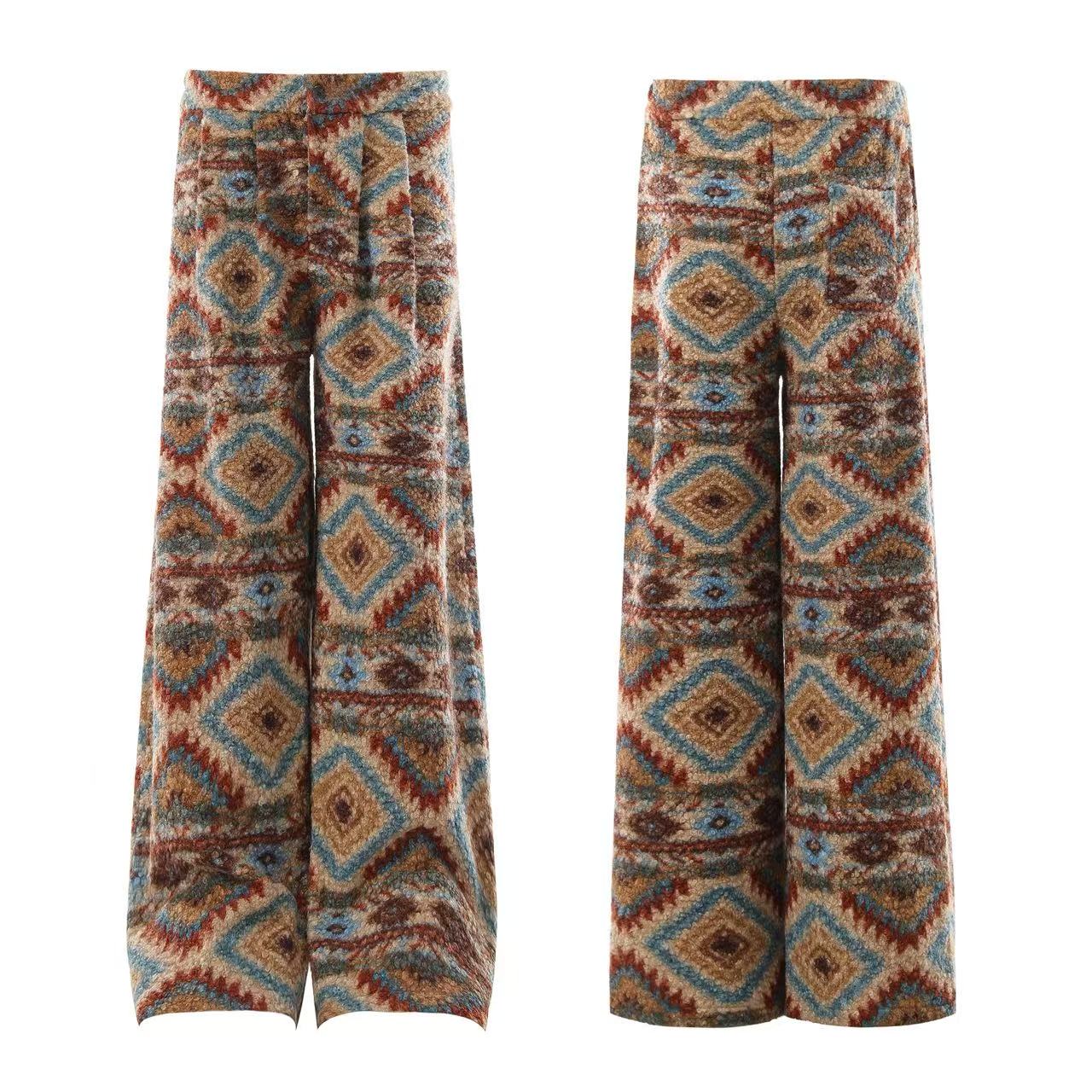 Ethnic-style Fleece-Lined Wide-Leg Pants