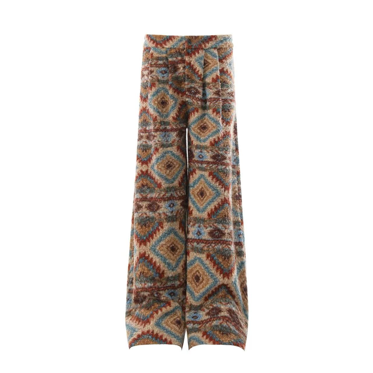 Ethnic-style Fleece-Lined Wide-Leg Pants