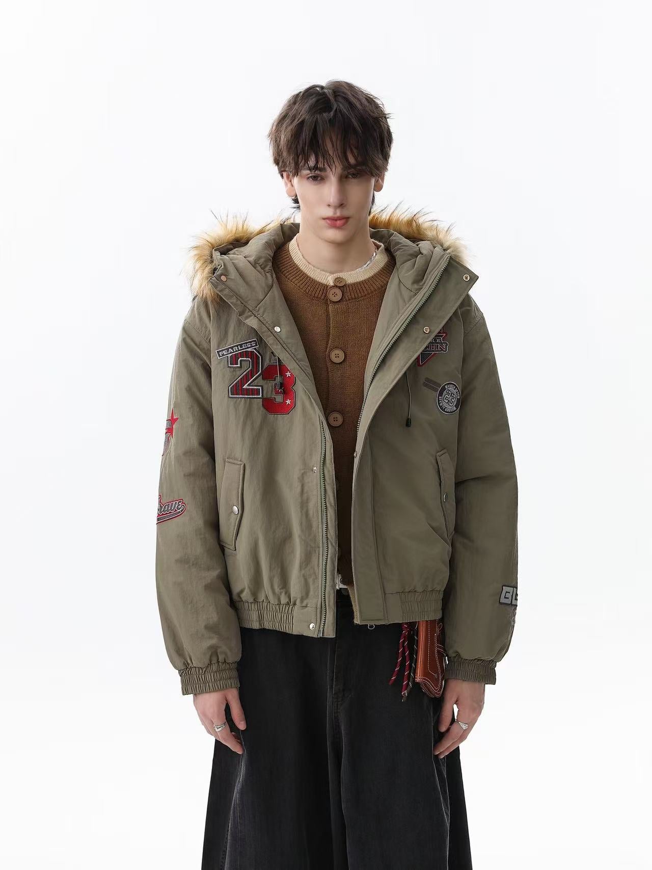 Vintage Printed Faux-Fur Collar Hooded Jacket