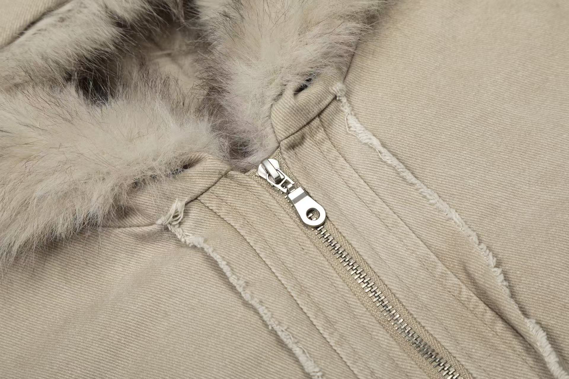 Vintage Stitch Detail Faux-Fur Collar Hooded Jacket
