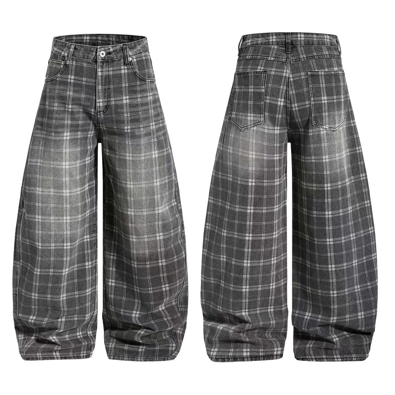 Gingham Washed Wide-Leg Jeans