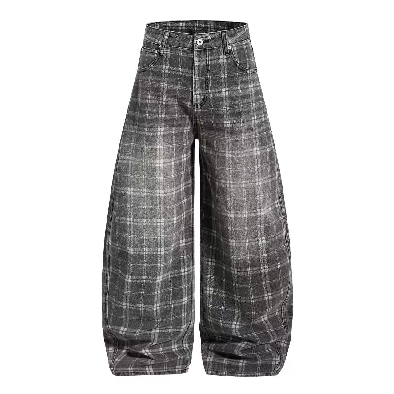 Gingham Washed Wide-Leg Jeans