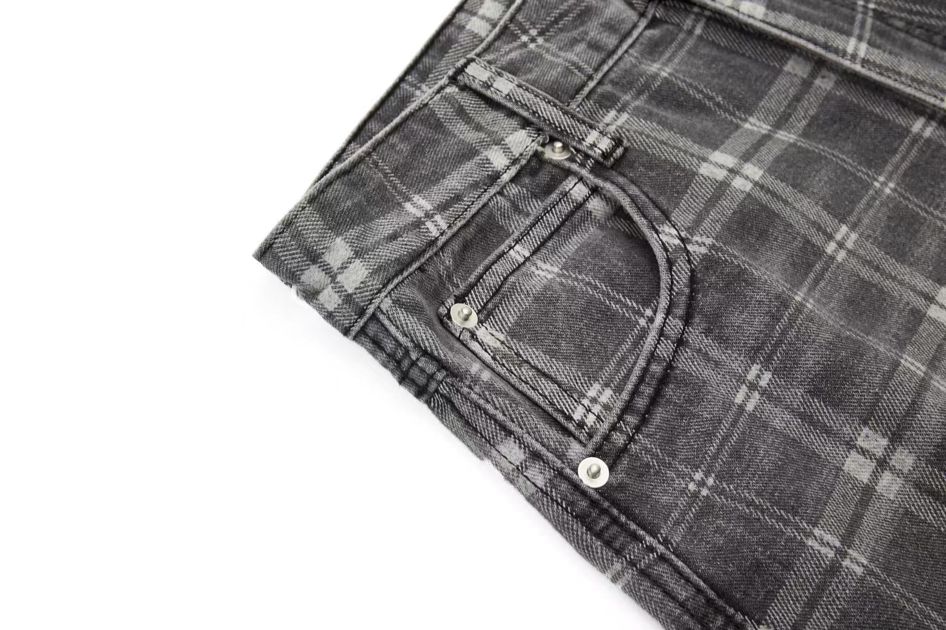 Gingham Washed Wide-Leg Jeans