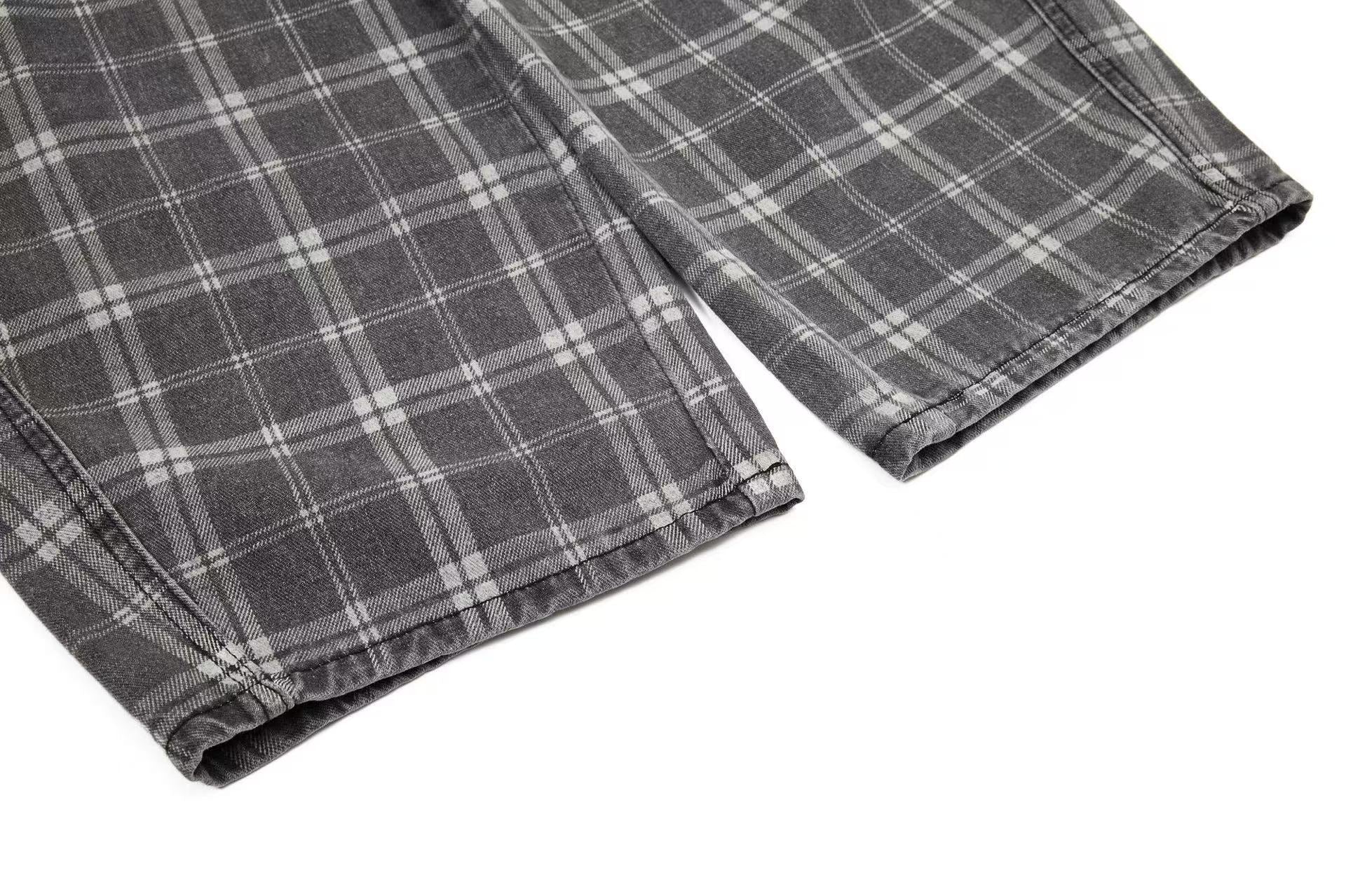 Gingham Washed Wide-Leg Jeans