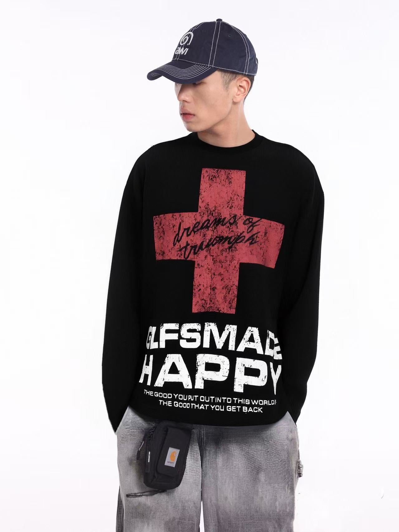 Streetwear Red Cross Print Waffle Knit Long Sleeve