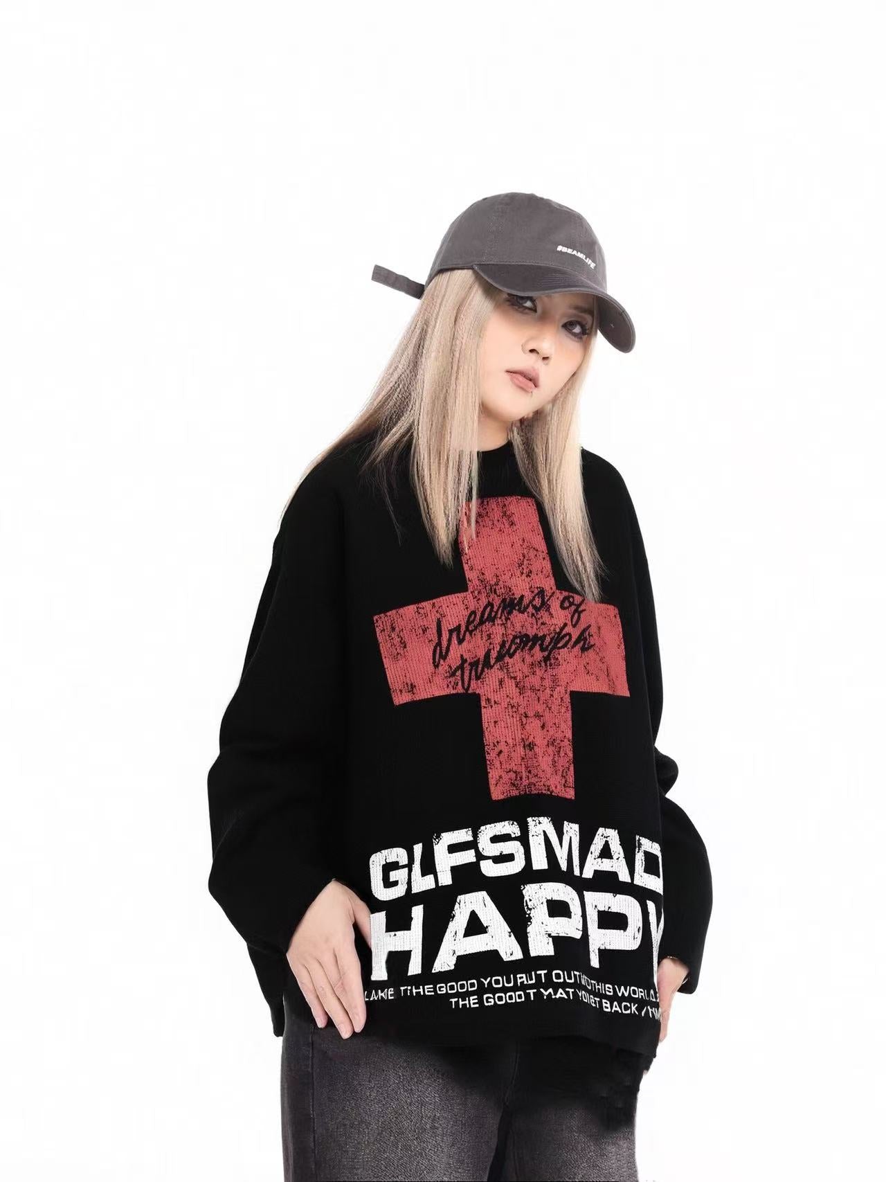 Streetwear Red Cross Print Waffle Knit Long Sleeve