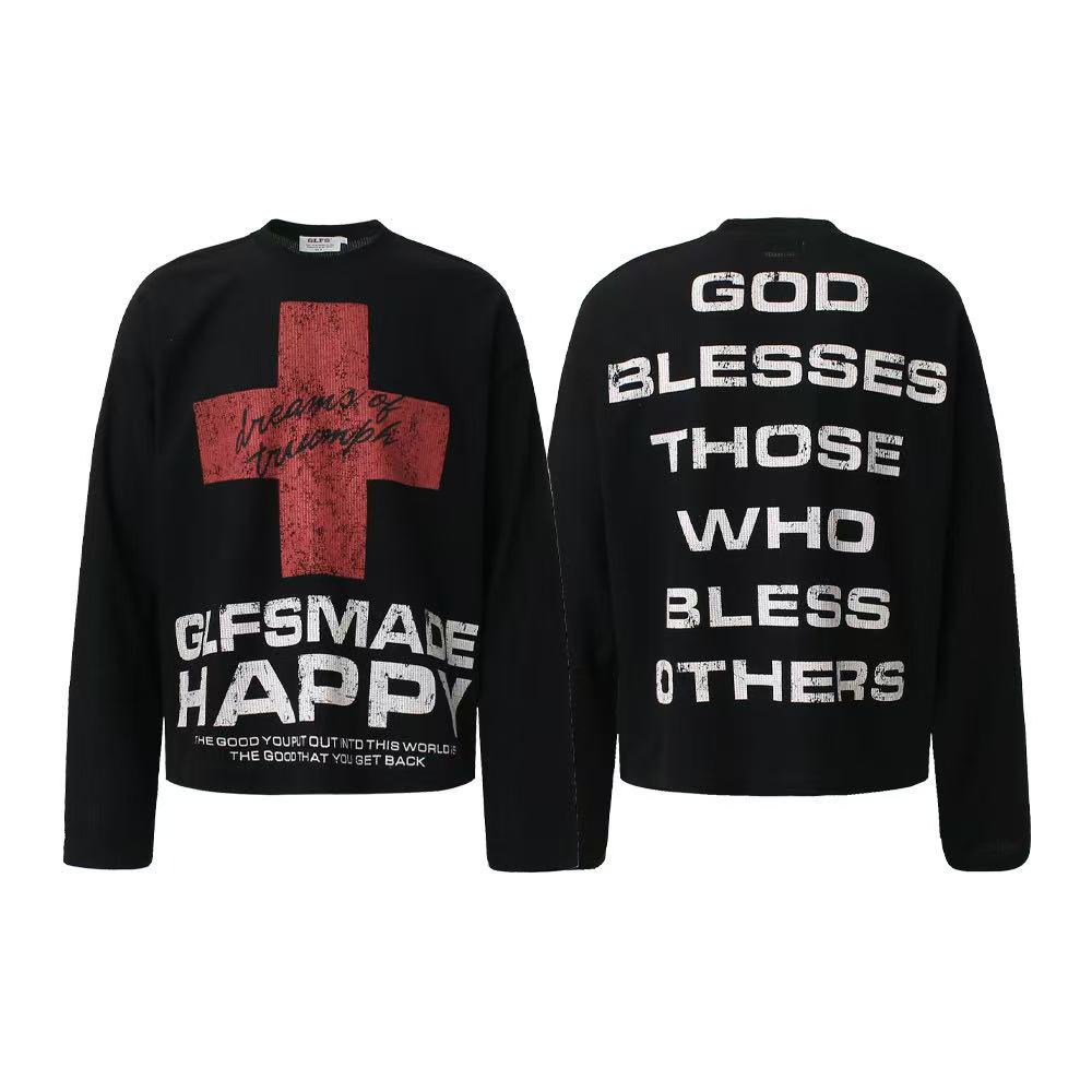 Streetwear Red Cross Print Waffle Knit Long Sleeve