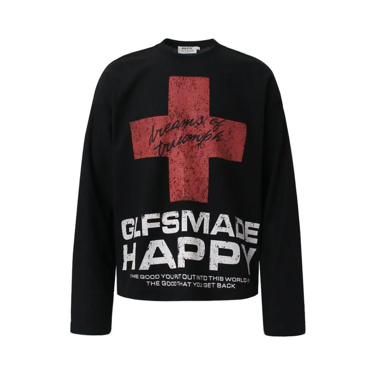 Streetwear Red Cross Print Waffle Knit Long Sleeve