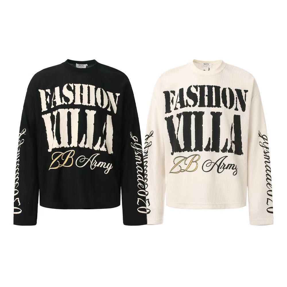 Streetwear Typography Waffle Knit Long Sleeve