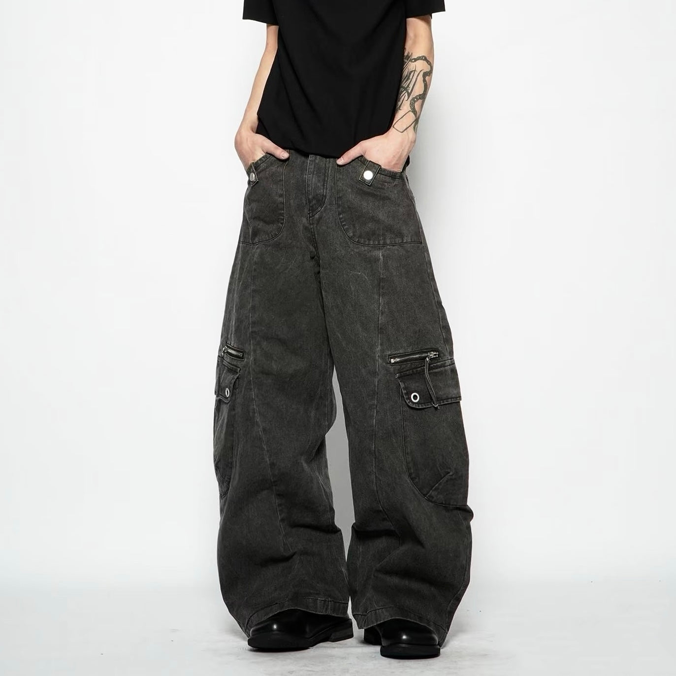 Button-Flap Wide-Leg Cargo Pants
