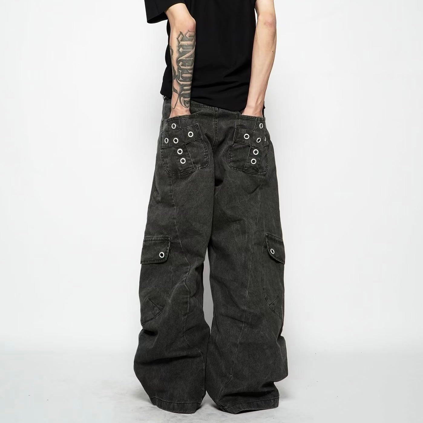 Button-Flap Wide-Leg Cargo Pants