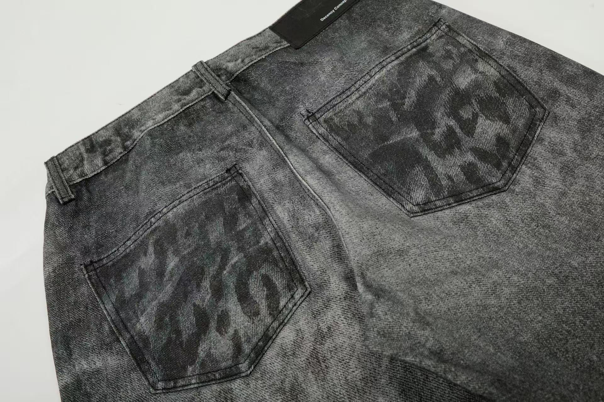 Black Leopard Streetwear Washed Jeans