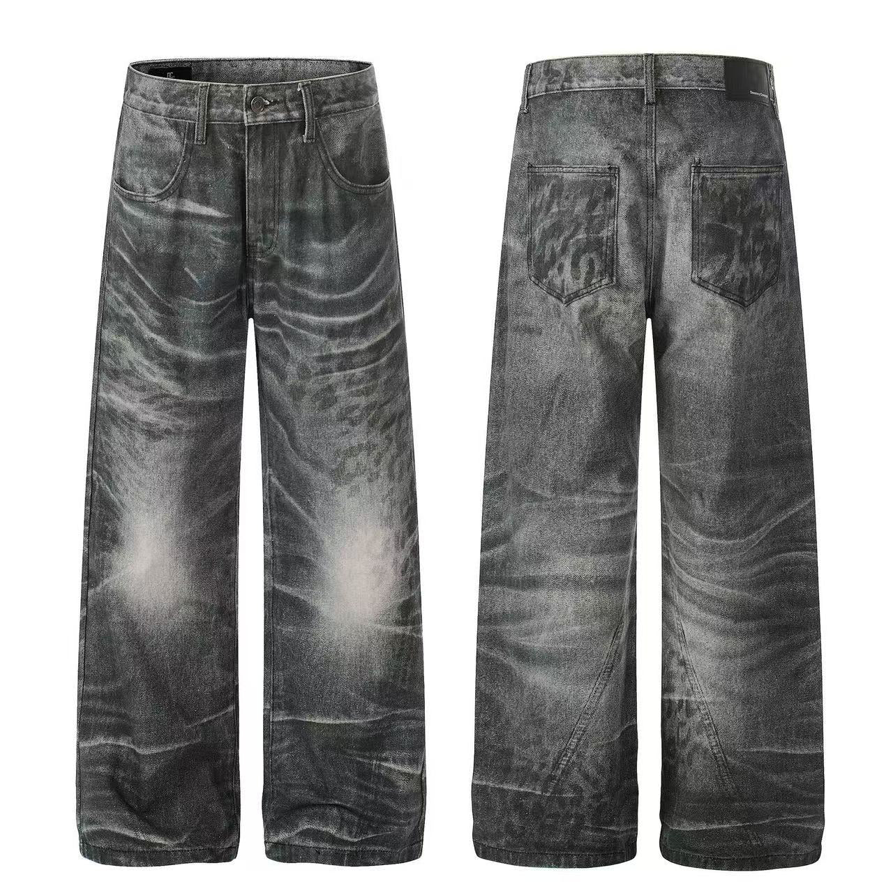 Black Leopard Streetwear Washed Jeans