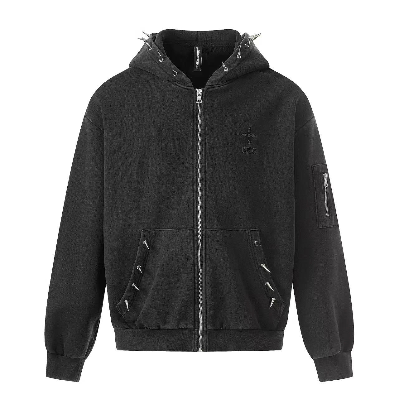 Street Style Retro Studded Zip-Up Hoodie