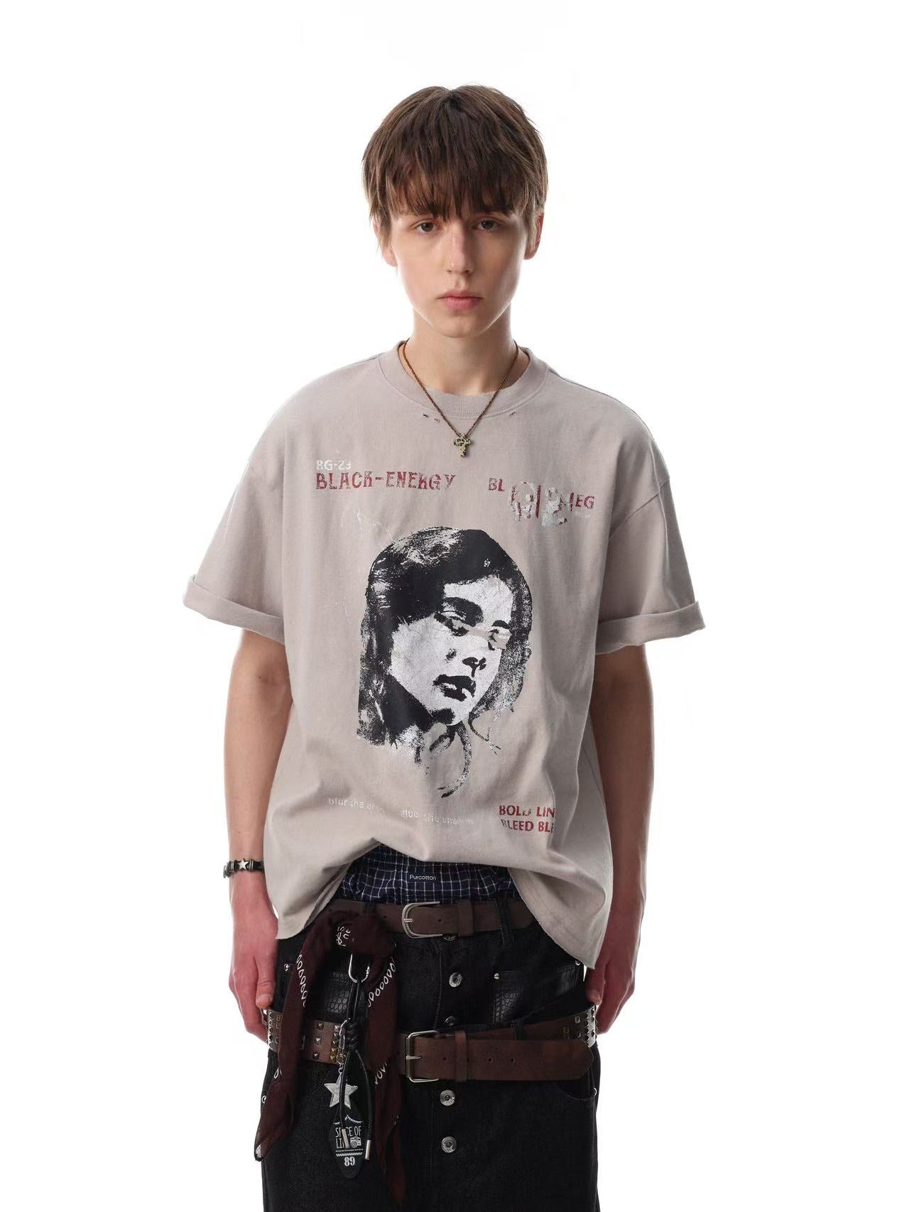 Streetwear Distressed Face Print Short Sleeve
