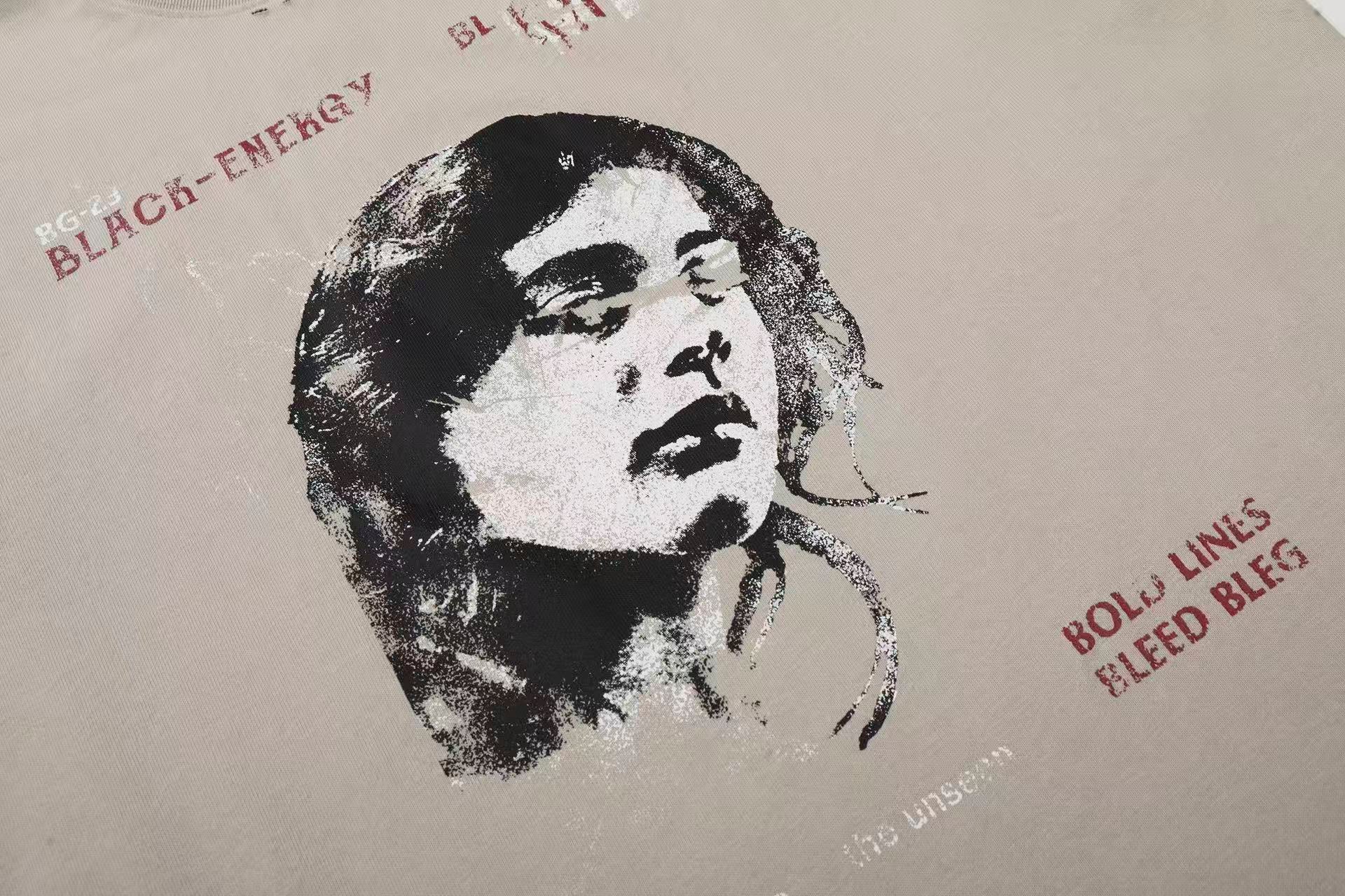 Streetwear Distressed Face Print Short Sleeve