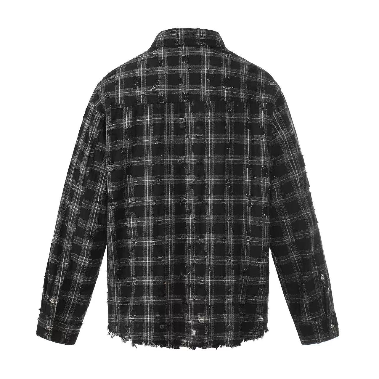 Streetwear Distressed Ripped Plaid Long Sleeve Shirt