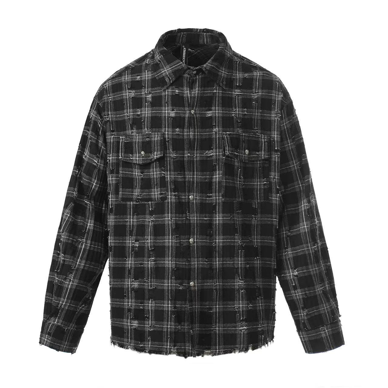 Streetwear Distressed Ripped Plaid Long Sleeve Shirt