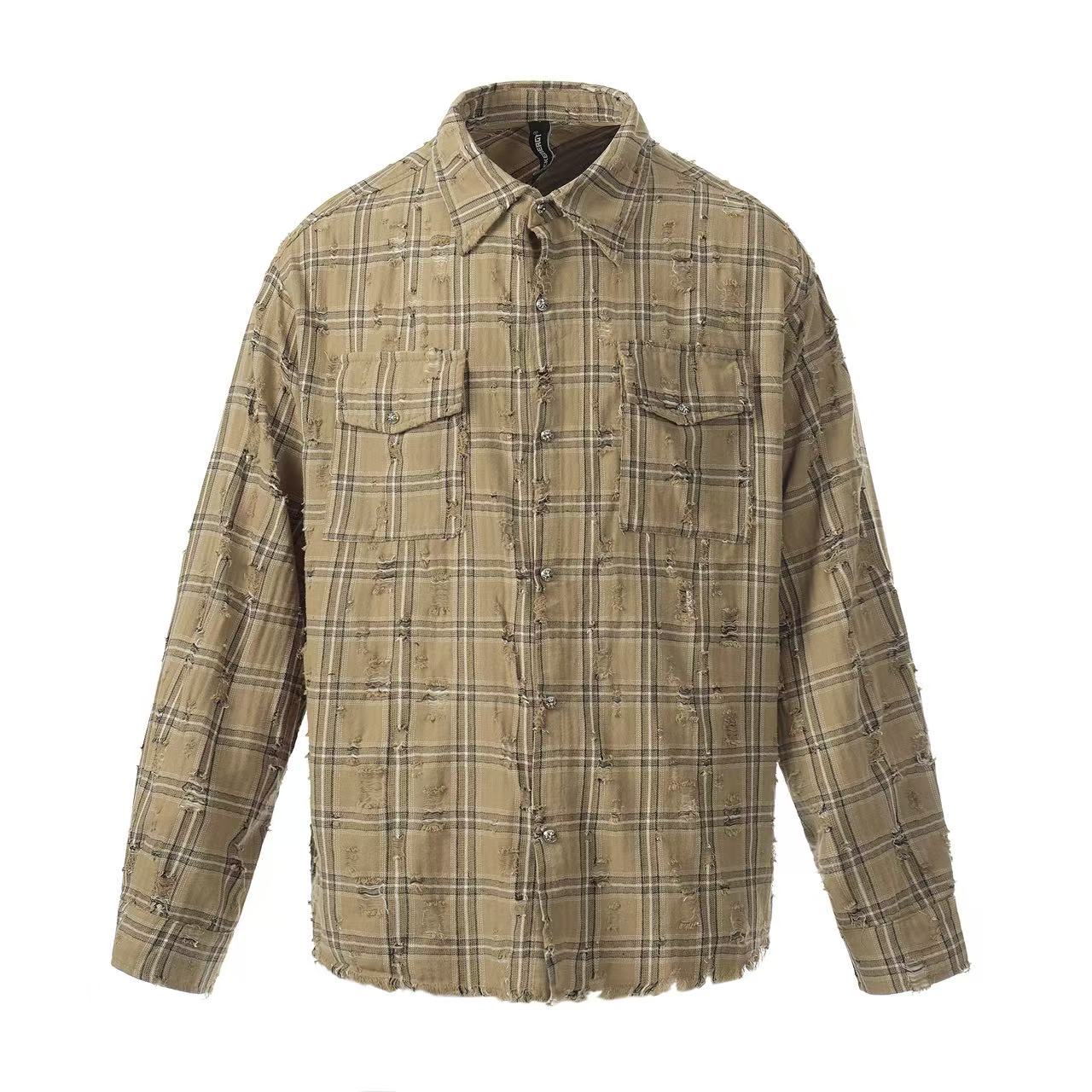 Streetwear Distressed Ripped Plaid Long Sleeve Shirt