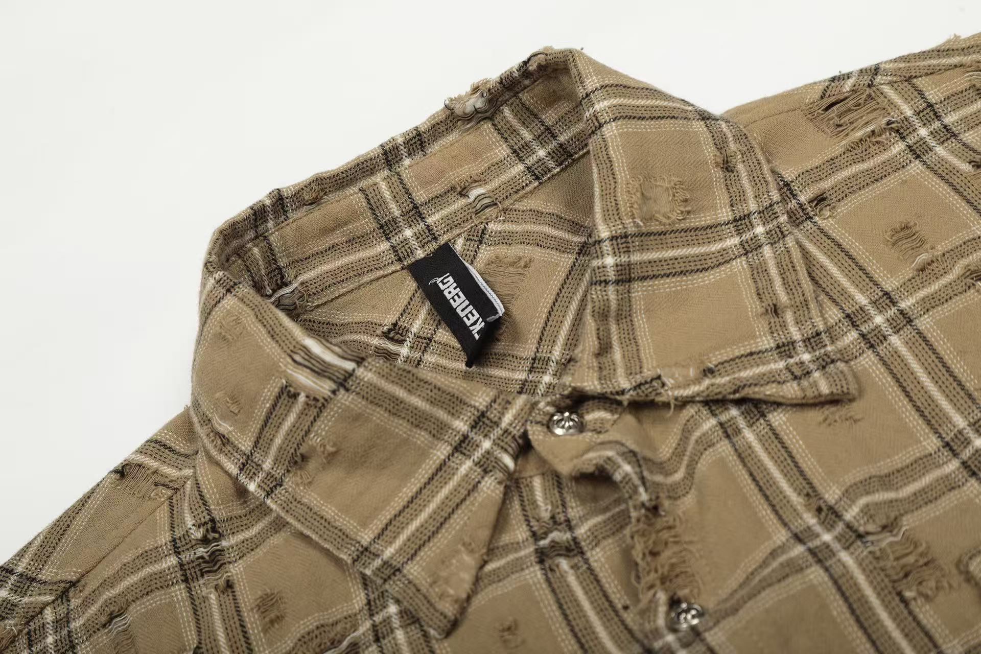 Streetwear Distressed Ripped Plaid Long Sleeve Shirt