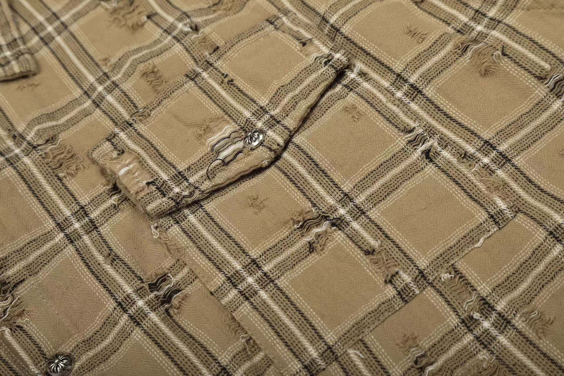 Streetwear Distressed Ripped Plaid Long Sleeve Shirt