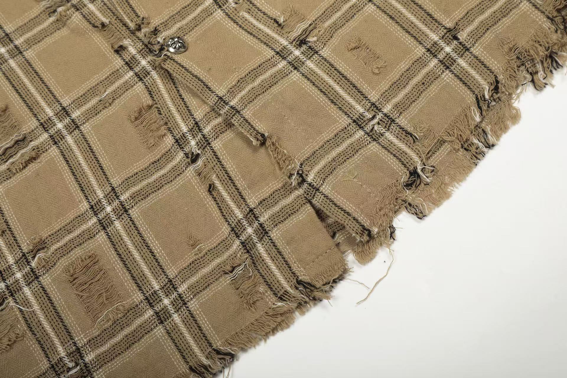 Streetwear Distressed Ripped Plaid Long Sleeve Shirt